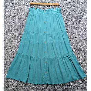 SO Tiered Button Up Maxi Skirt Size 18 Pull On Boho Fairy Grunge Hippie Blue